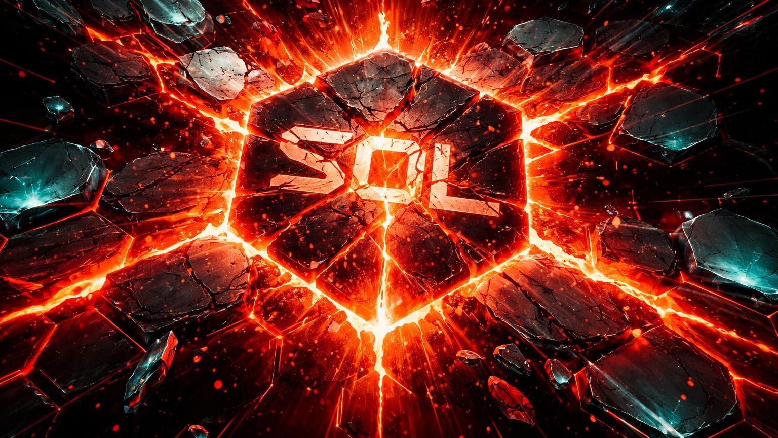 Rede cristalina hexagonal colapsando de nó SOL fragmentado com ondas vermelhas, simbolizando US$ 1,71 bi em liquidações e flash crash na Solana
