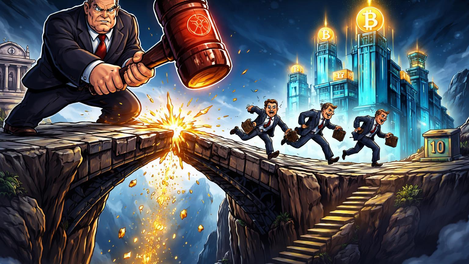 Ponte cripto rachando sob martelo regulador cartoon com investidores fugindo e capital dourado escapando, simbolizando sanções OFAC e saídas recorde de ETFs