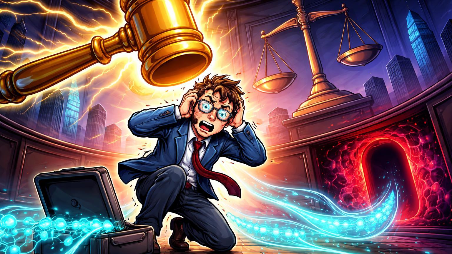 Engenheiro cartoon culpado derramando dados IA cyan para portal vermelho enquanto martelo dourado da justiça cai, ilustrando condenação por espionagem