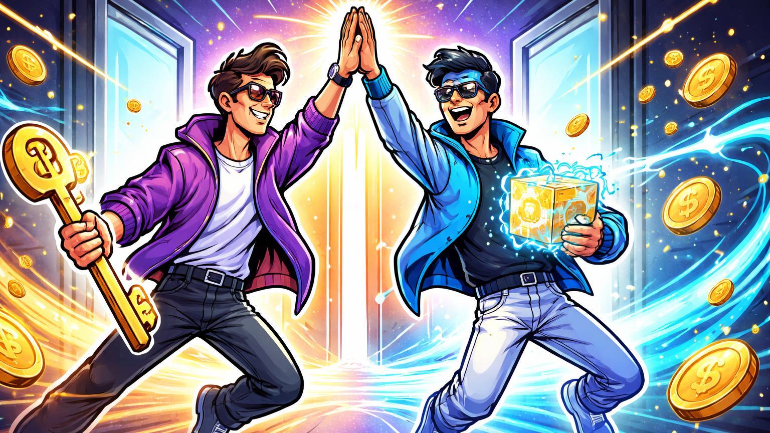 Personagens cartoon de fintechs Nubank e SoFi fazendo high-five com chaves de custódia e remessas blockchain, celebrando aprovação e receita em cripto