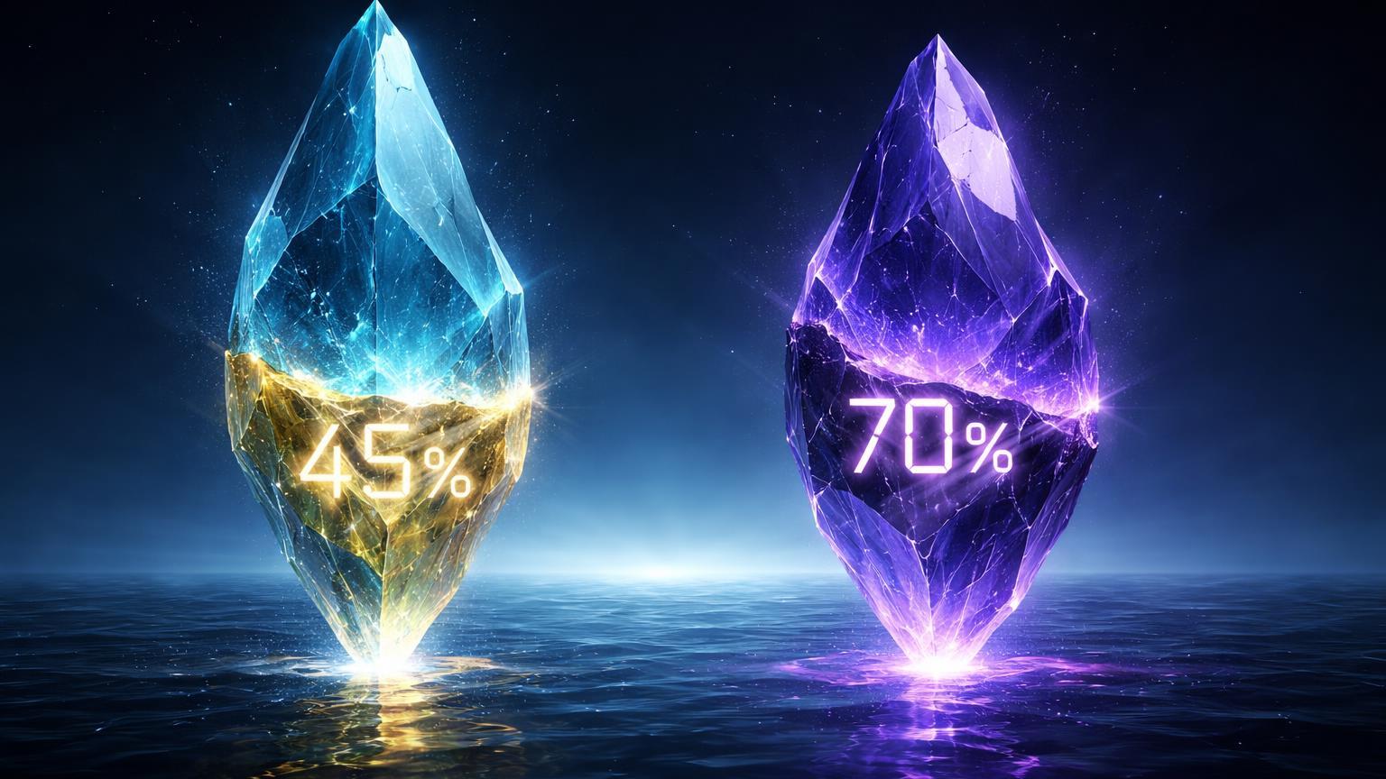 Cristais translúcidos com 45% ETH e 70% SOL solidificados em oceano digital vazio, simbolizando escassez por staking, ETFs e airdrops