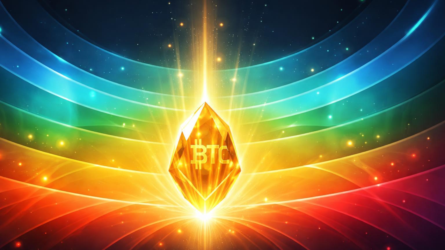 Arco-íris glassmorphism com cristal BTC dourado na zona fire sale inferior, raios ascendentes sinalizando oportunidade de acumulação no Rainbow Chart