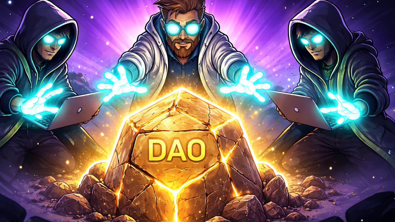 Veteranos cartoon estilizados reanimando entidade DAO cristalina com energia cyan, simbolizando fundo de segurança Ethereum revivido