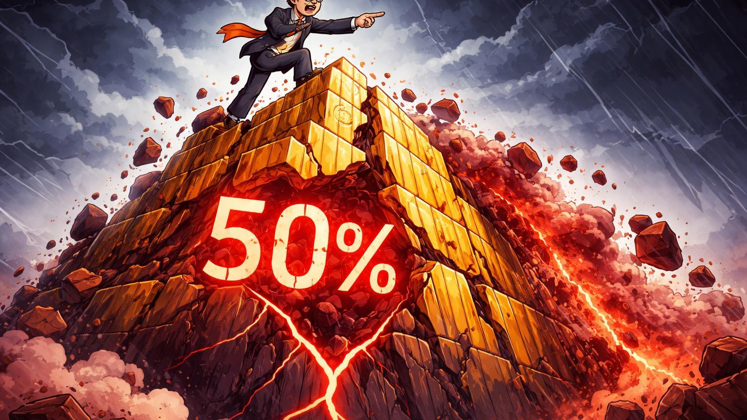 Analista cartoon no topo de pico Bitcoin rachado com avalanche vermelha e '50%' gravado, alertando fim de ciclo de alta e correção