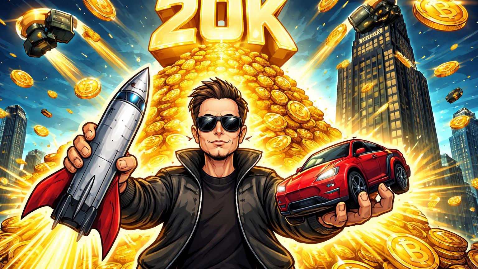 Personagem Musk cartoon unindo foguete SpaceX e carro Tesla em pilha de BTC com 20K, BlackRock atraindo smart money institucional