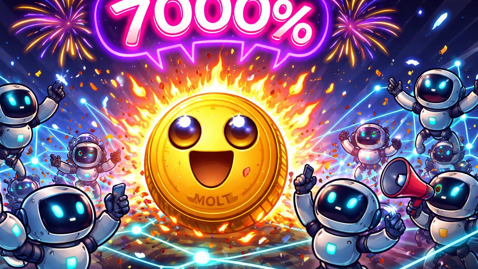 Robós IA cartoon conectados em rede social celebrando memecoin MOLT gigante com 7000% em balões, simbolizando euforia na Base