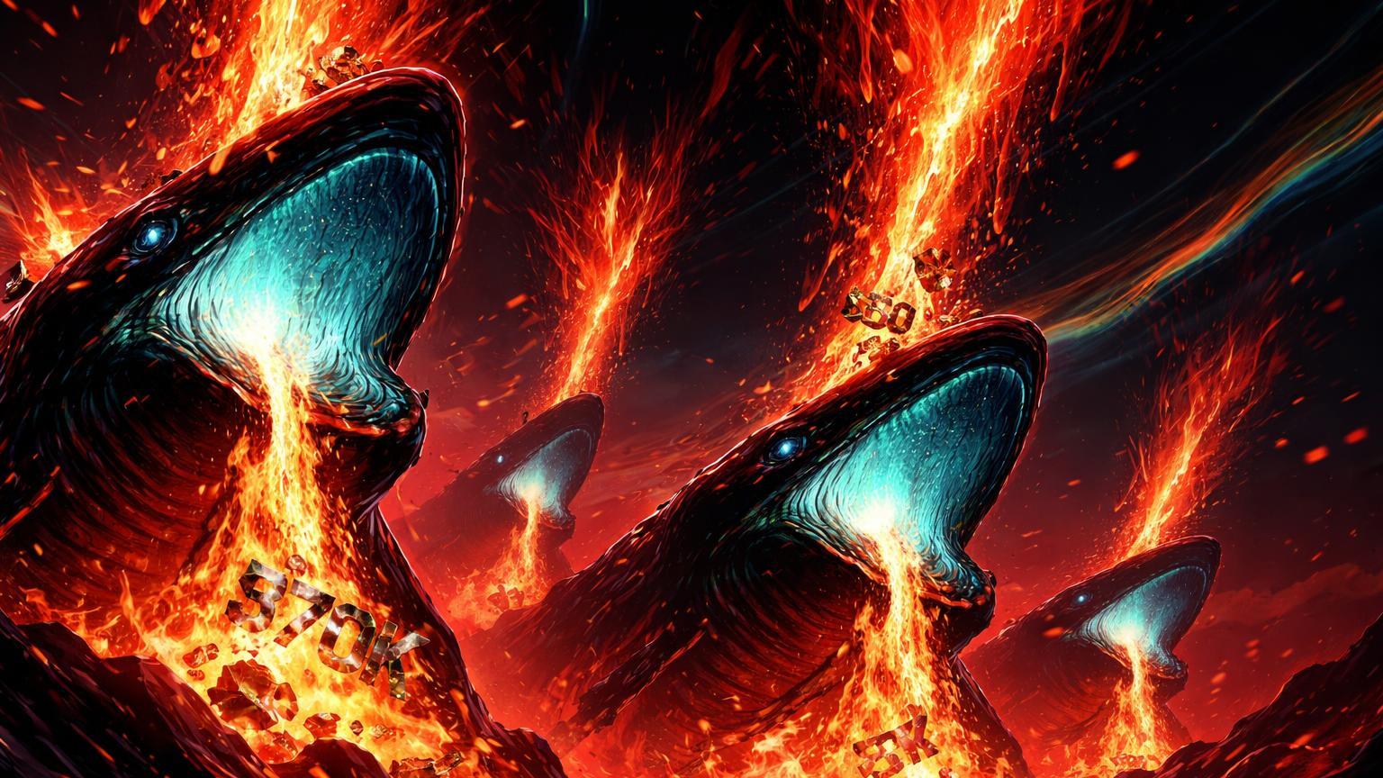 Baleias colossais devorando chamas vermelhas em abismo digital com fragmentos 370K, simbolizando acumulação em fire sale do Bitcoin