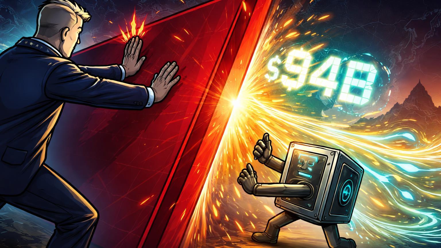 Oficial regulador cartoon erguendo barreira vermelha contra fluxo cripto de $94B, exchange preocupada empurrando, simbolizando sanções dos EUA ligadas ao Irã