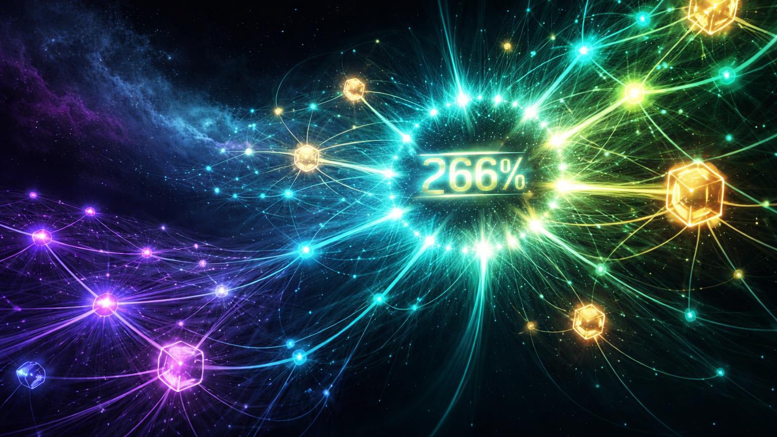 Rede neural XRP expandindo sobre Ethereum capturando cubos dourados de RWAs, com '266%' pulsante simbolizando salto em tokenizados