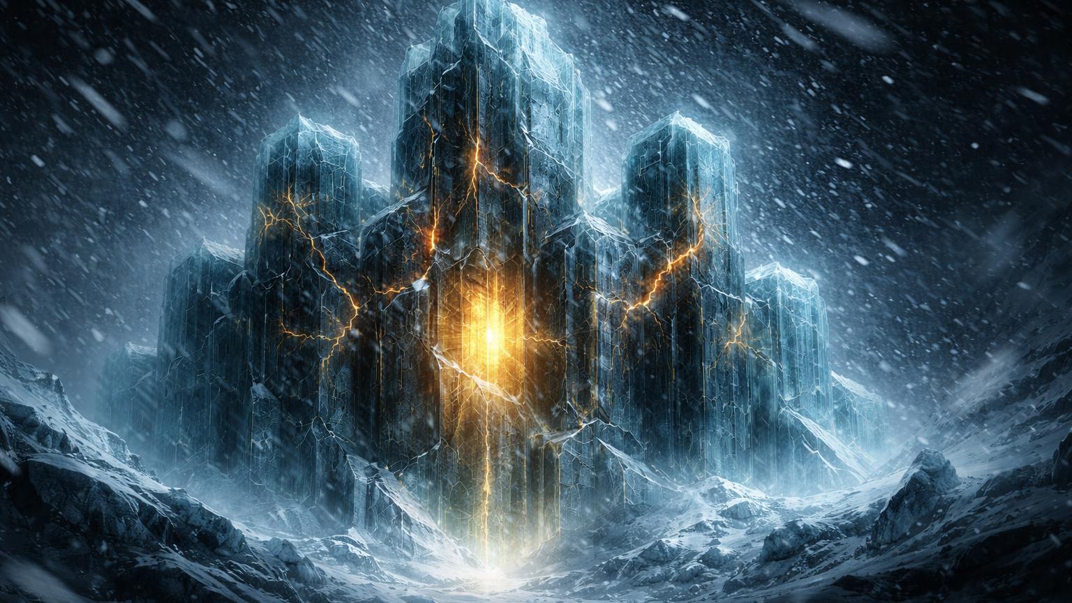 Fortaleza cibernética de mineração sob nevasca intensa com energia hashrate enfraquecida mas resiliente, representando queda de 12% no Bitcoin