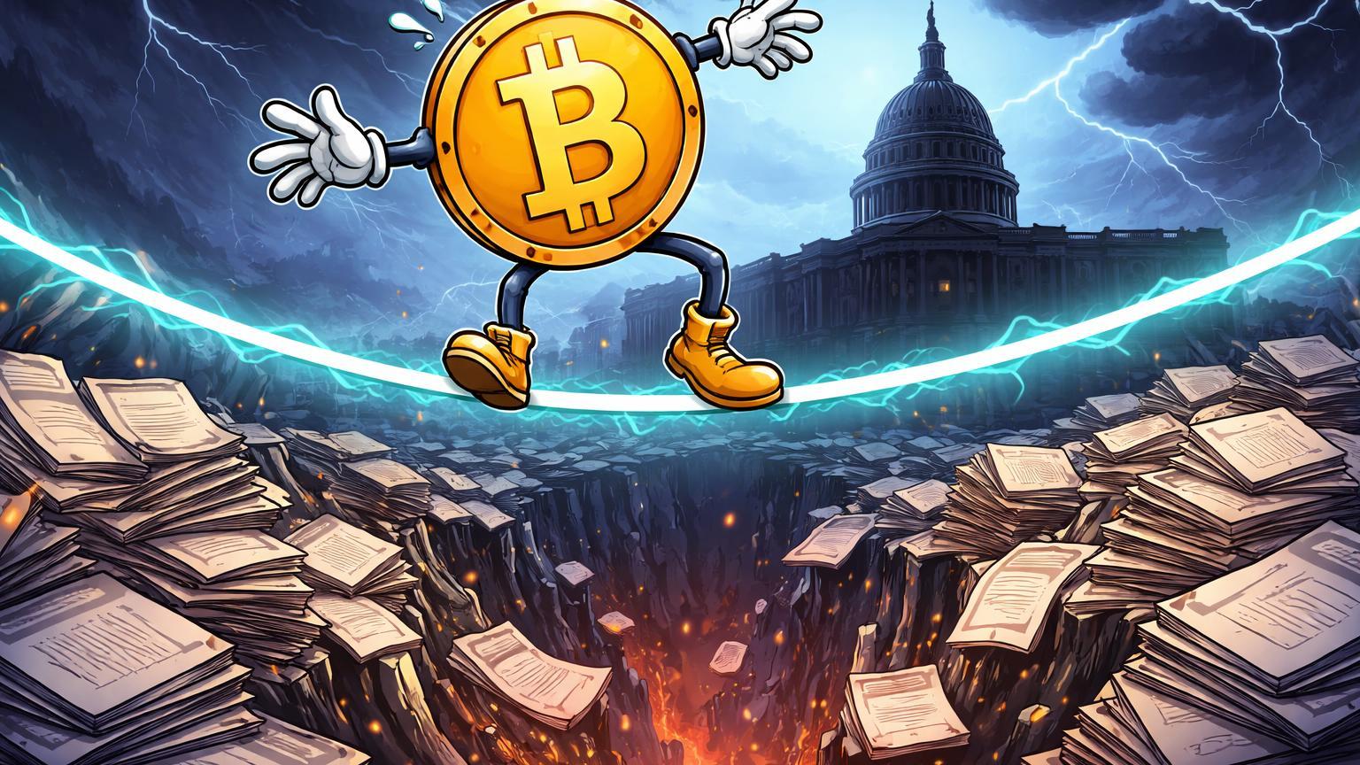 Personagem cripto cartoon tentando se equilibrar em ponte sobre abismo de papéis governamentais, simbolizando impacto do shutdown nos EUA.