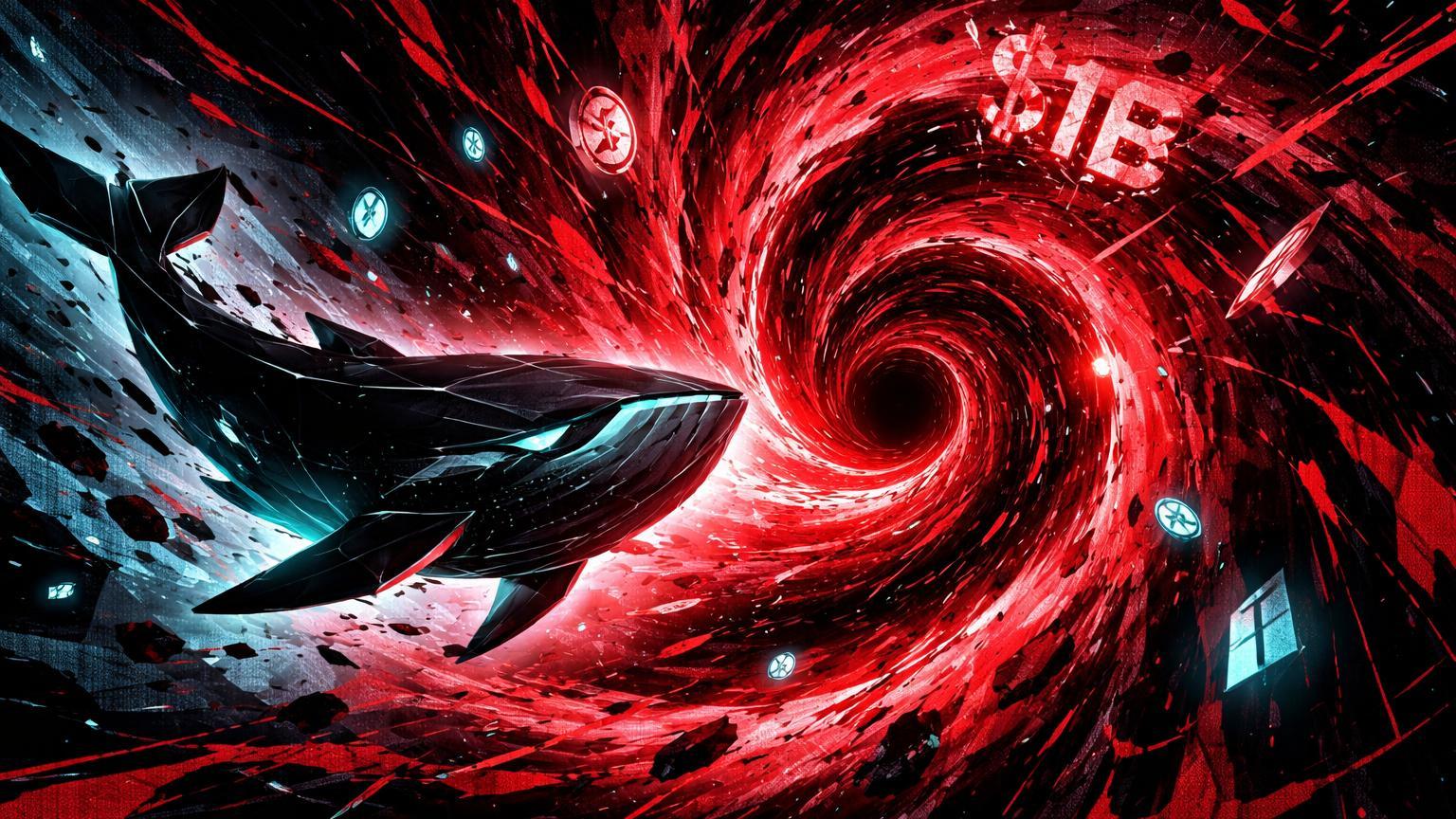 Vórtice vermelho sugando silhueta de baleia colossal e partículas menores em oceano digital fractured, simbolizando flash crash por liquidação de US$ 1 bilhão