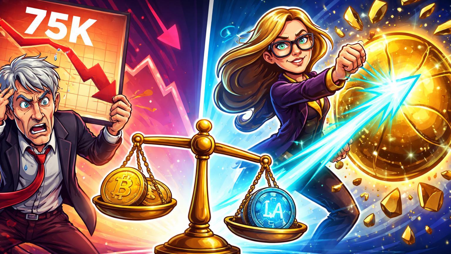 Personagens cartoon de Saylor frustrado com gráfico BTC vermelho em 75K e Cathie Wood estourando bolha de ouro, ironizando crash cripto