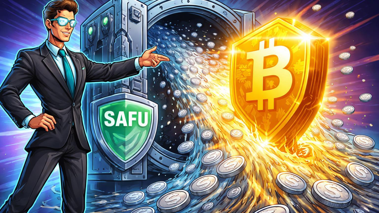 Executivo cartoon da Binance abrindo cofre SAFU com stablecoins se transformando em bloco Bitcoin dourado, simbolizando conversão de US$ 1 bilhão