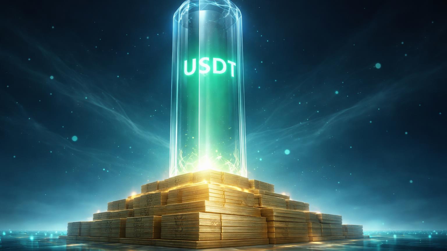 Pilar glassmorphism com USDT gravado emitindo luz verde sobre pilhas de títulos Treasury, reforçando estabilidade do stablecoin Tether