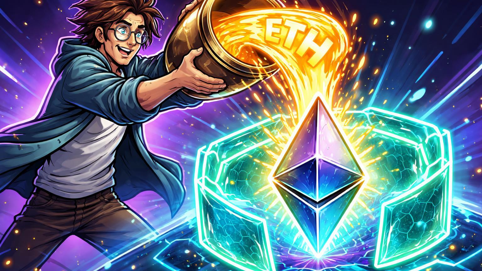 Personagem cartoon visionário despejando ETH dourado em prisma Ethereum para formar escudos cyan, simbolizando alocação de Vitalik para segurança