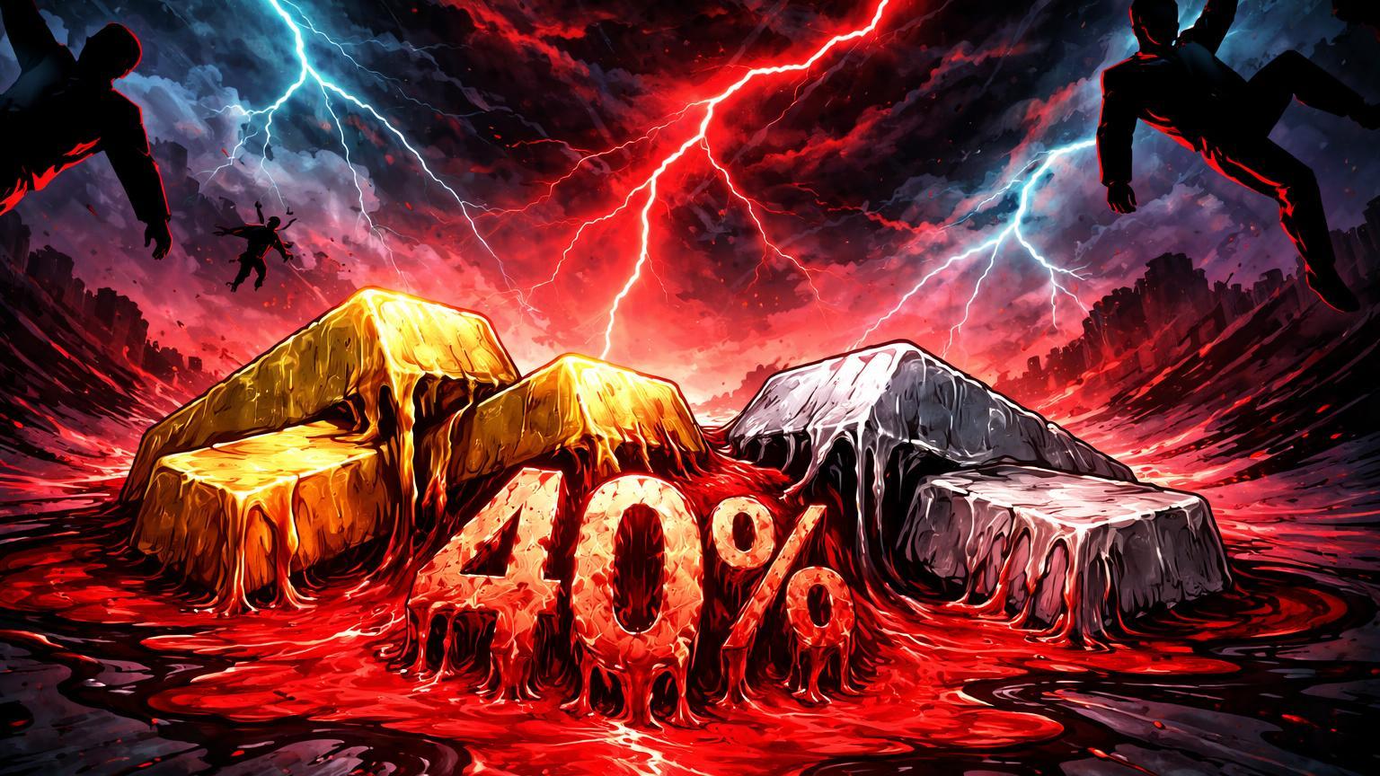 Lingotes de ouro e prata derretendo em poças vermelhas sob tempestade feroz com silhuetas de traders caindo, ilustrando crash nos metais e liquidações cripto