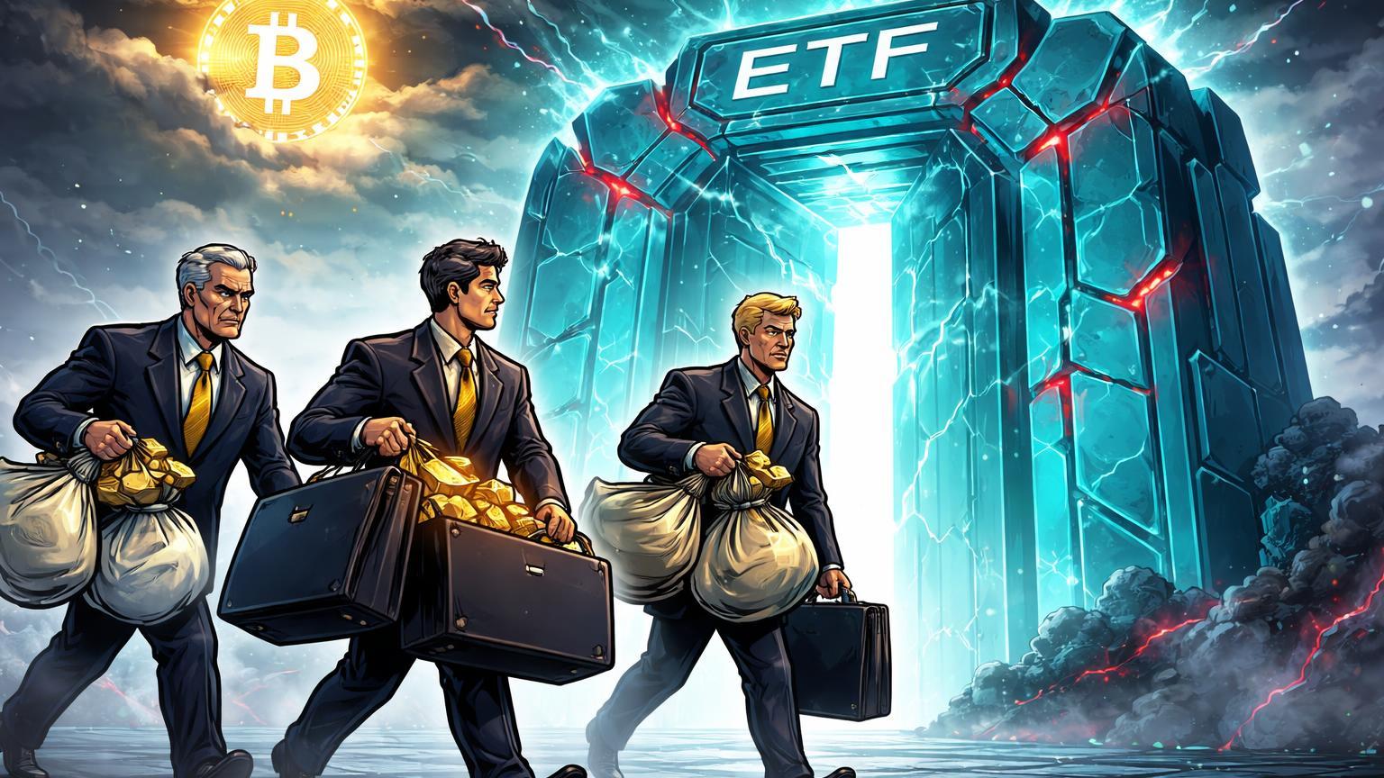 Executivos cartoon carregando sacos de ouro saindo de portão ETF rachado com BTC eclipsado, ilustrando sangria institucional de US$ 1,8 bi liderada por BlackRock