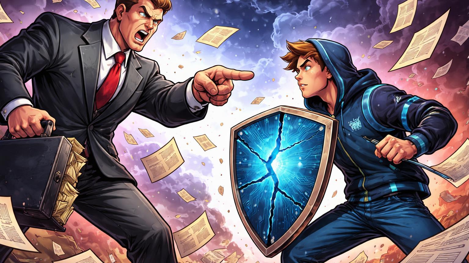 Personagens cartoon de JPMorgan e Coinbase em confronto com documentos voando, representando ataques verbais e insider trading regulatório