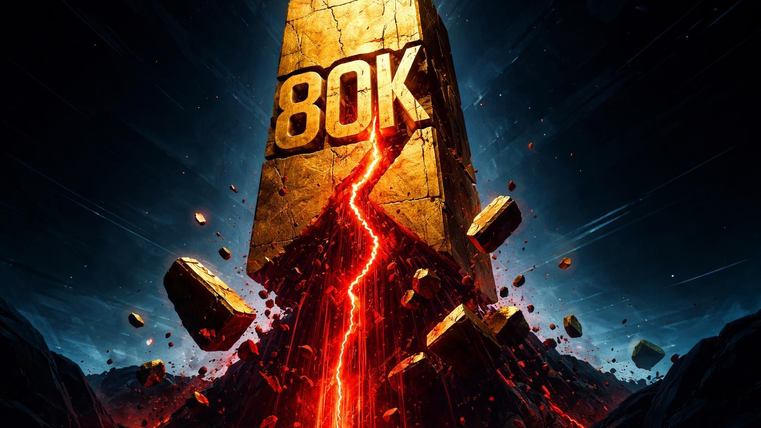 Pilar dourado de Bitcoin rachando no suporte 80K e despencando para abismo com partículas vermelhas, simbolizando quebra de preço e liquidações bilionárias