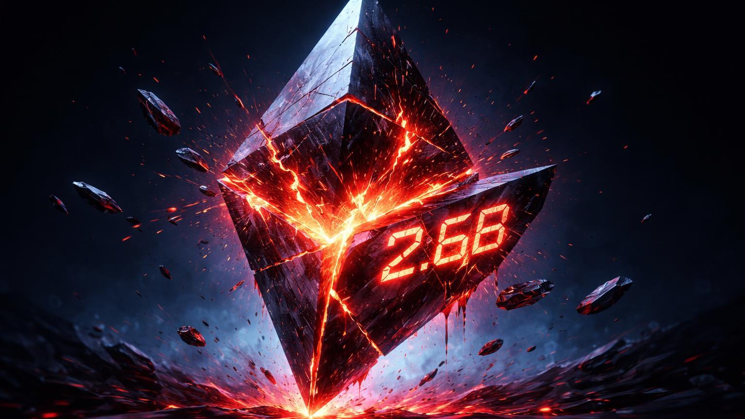 Cristal Ethereum colapsando com rachaduras vermelhas e '2.6B' gravado, representando liquidações recorde de US$ 2,6 bi em 24h
