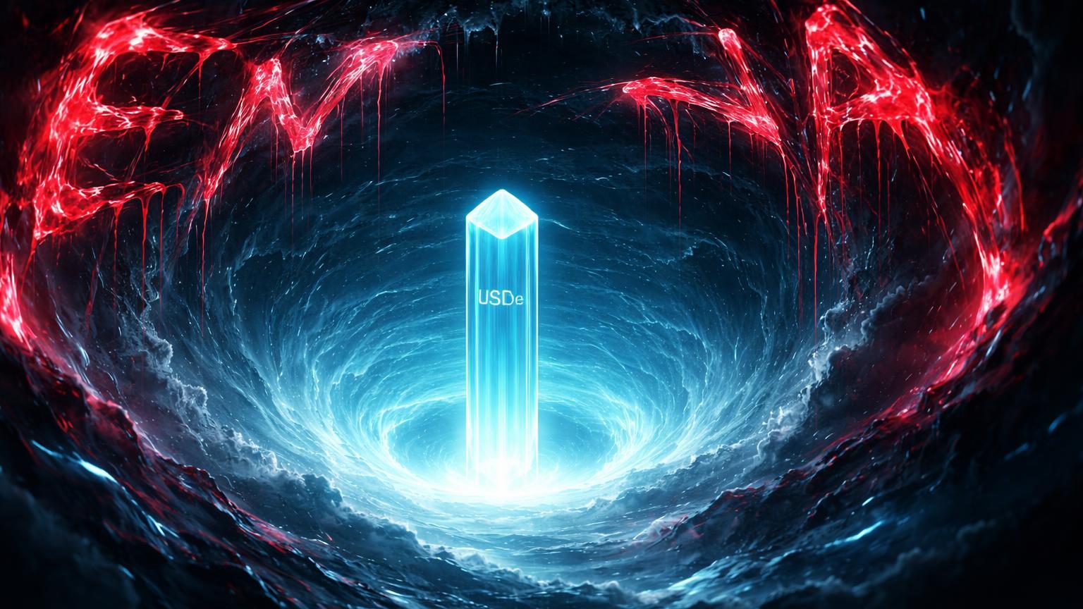 Pilar cristalino intacto no olho de furacão cibernético com bordas derretendo em 'ENA', contrastando USDe estável vs colapso do token em Ethena