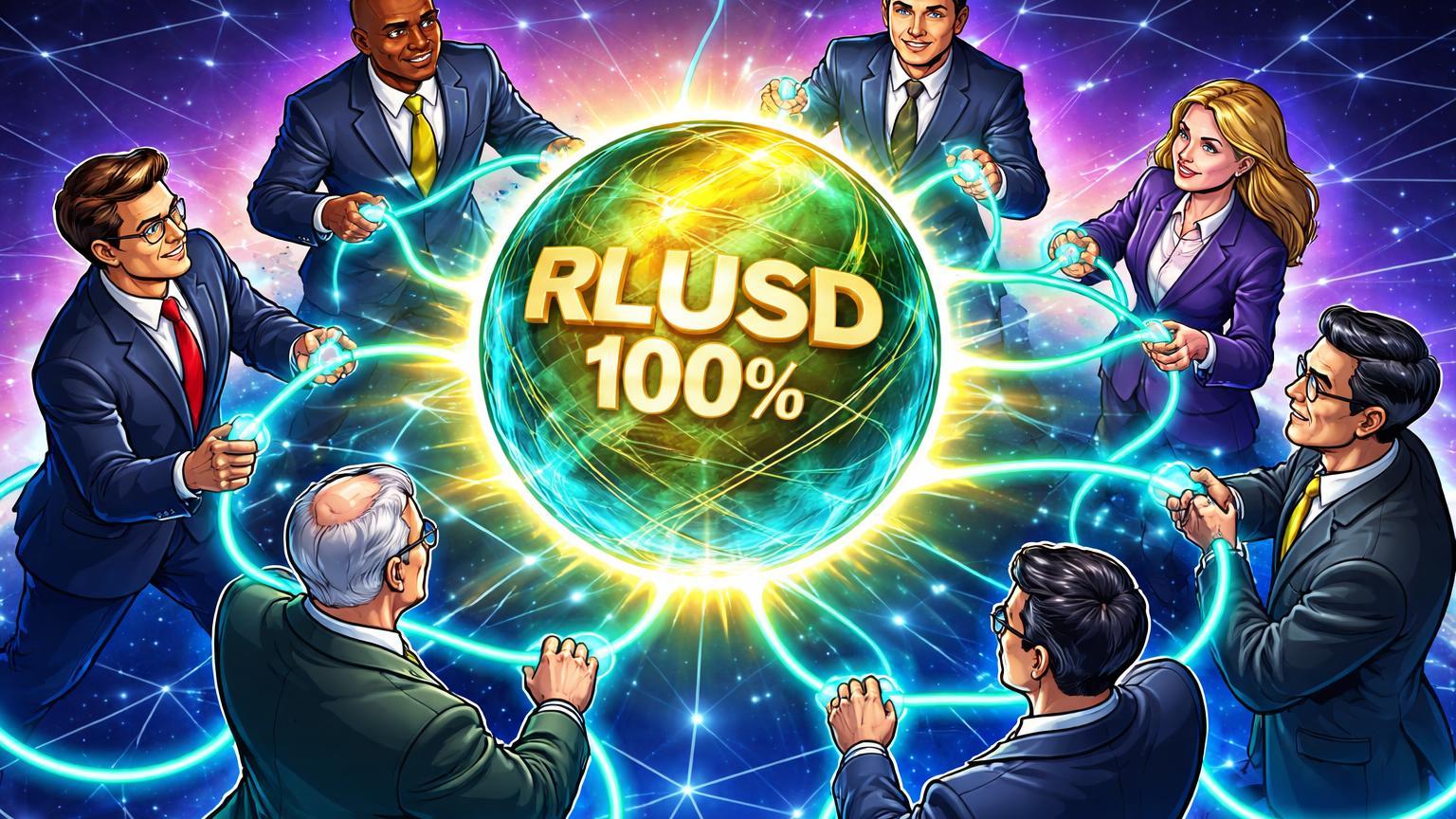 Executivos bancários cartoon conectando cabos ao núcleo RLUSD auditado, formando rede global para 13 mil bancos pela Ripple