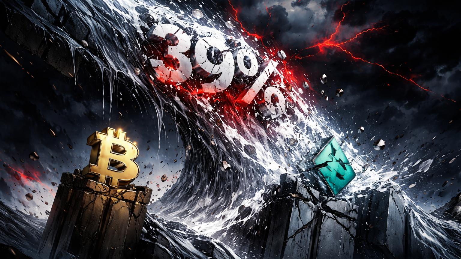 Avalanche de prata líquida engolindo pilares cripto com '39%' rachado, simbolizando colapso de 39% e liquidações recordes em mercados globais