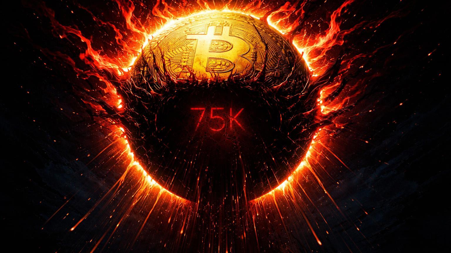 Eclipse negro com bordas vermelhas engolindo sol dourado do Bitcoin e '75K' rachado, representando medo extremo e queda para US$ 75 mil