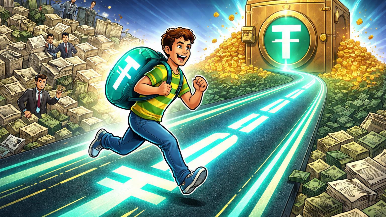 Personagem cartoon correndo por superestrada USDT luminosa, superando labirinto bancário, simbolizando eficiência da Tether sobre bancos