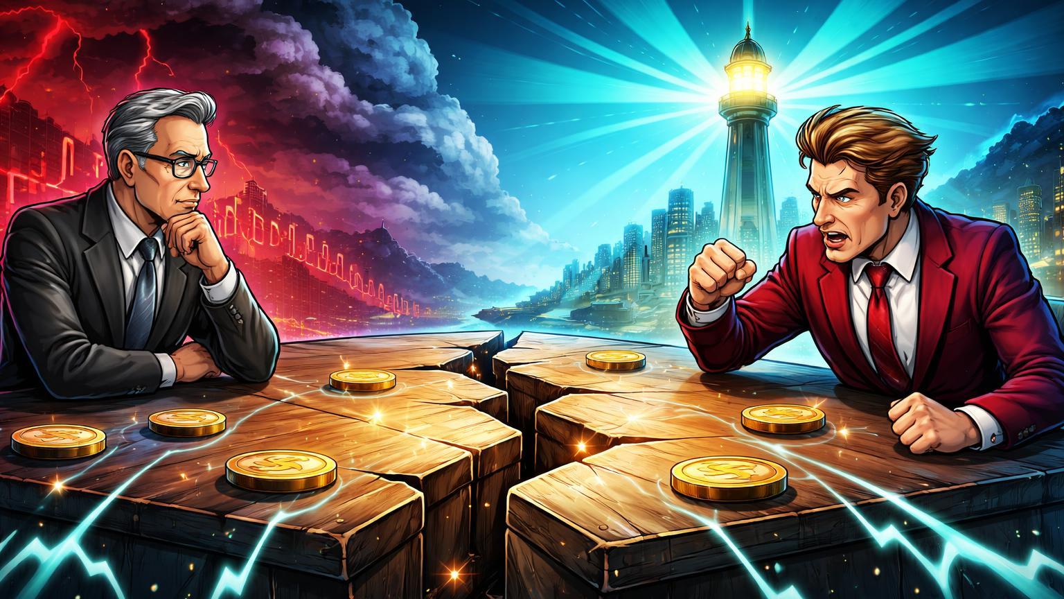 Personagens cartoon de executivo Fed silencioso e líder político confrontando-se sobre mesa rachada, com farol regulatório em HK contrastando incerteza macro