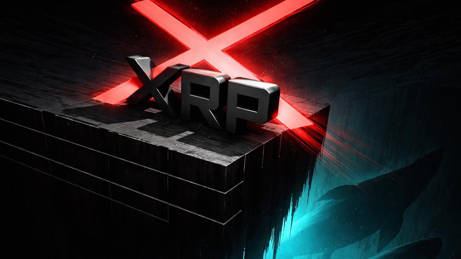 Forma bold XRP na borda de plataforma com cruz vermelha death cross sombreando e baleias emergindo abaixo, sinalizando mínima e acumulação