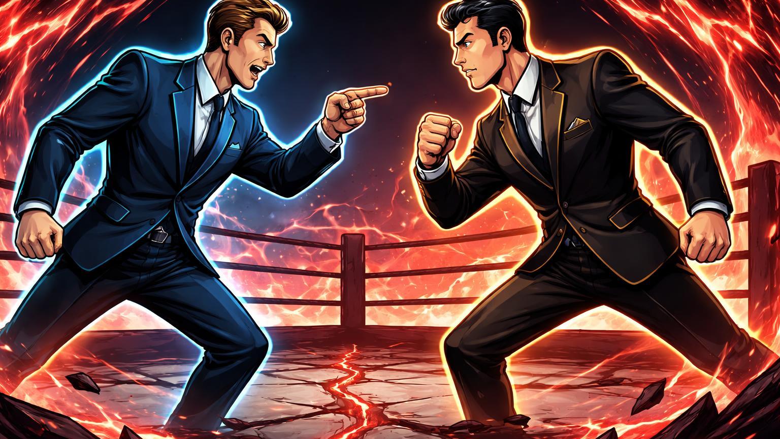 Executivos cartoon de exchanges rivais se confrontando em ringue digital rachado por crash, simbolizando disputa OKX vs Binance