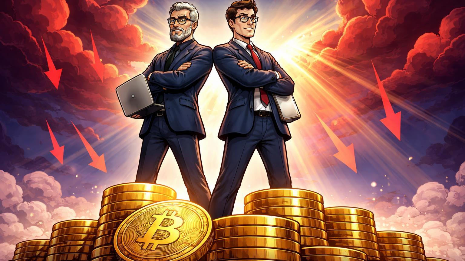 Personagens cartoon de gigantes institucionais com braços cruzados sobre pilhas de Bitcoin em meio a nuvens vermelhas turbulentas, simbolizando resiliência e adoção de longo prazo