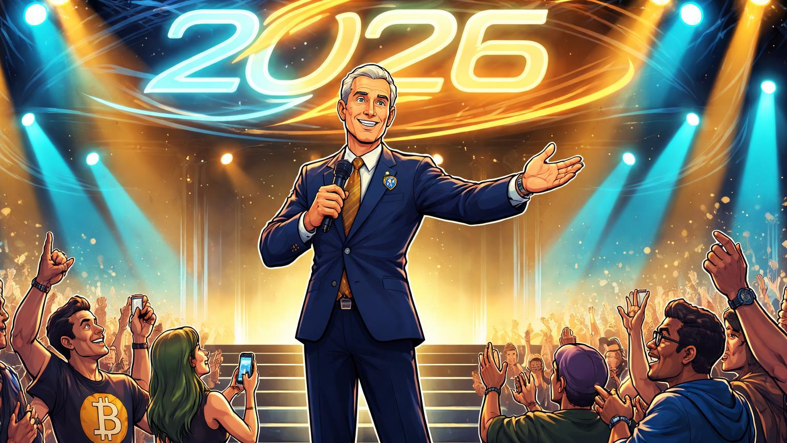 Personagem presidente SEC cartoon no palco da Bitcoin Conference 2026 com plateia aplaudindo, marcando presença histórica em evento cripto