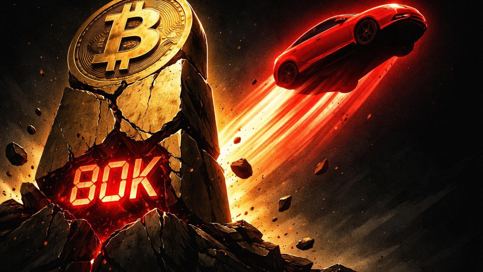 Pedestal dourado rachado com '80K' emitindo luz vermelha, ultrapassado por silhueta vermelha de carro Tesla, simbolizando perda de top 10 em market cap