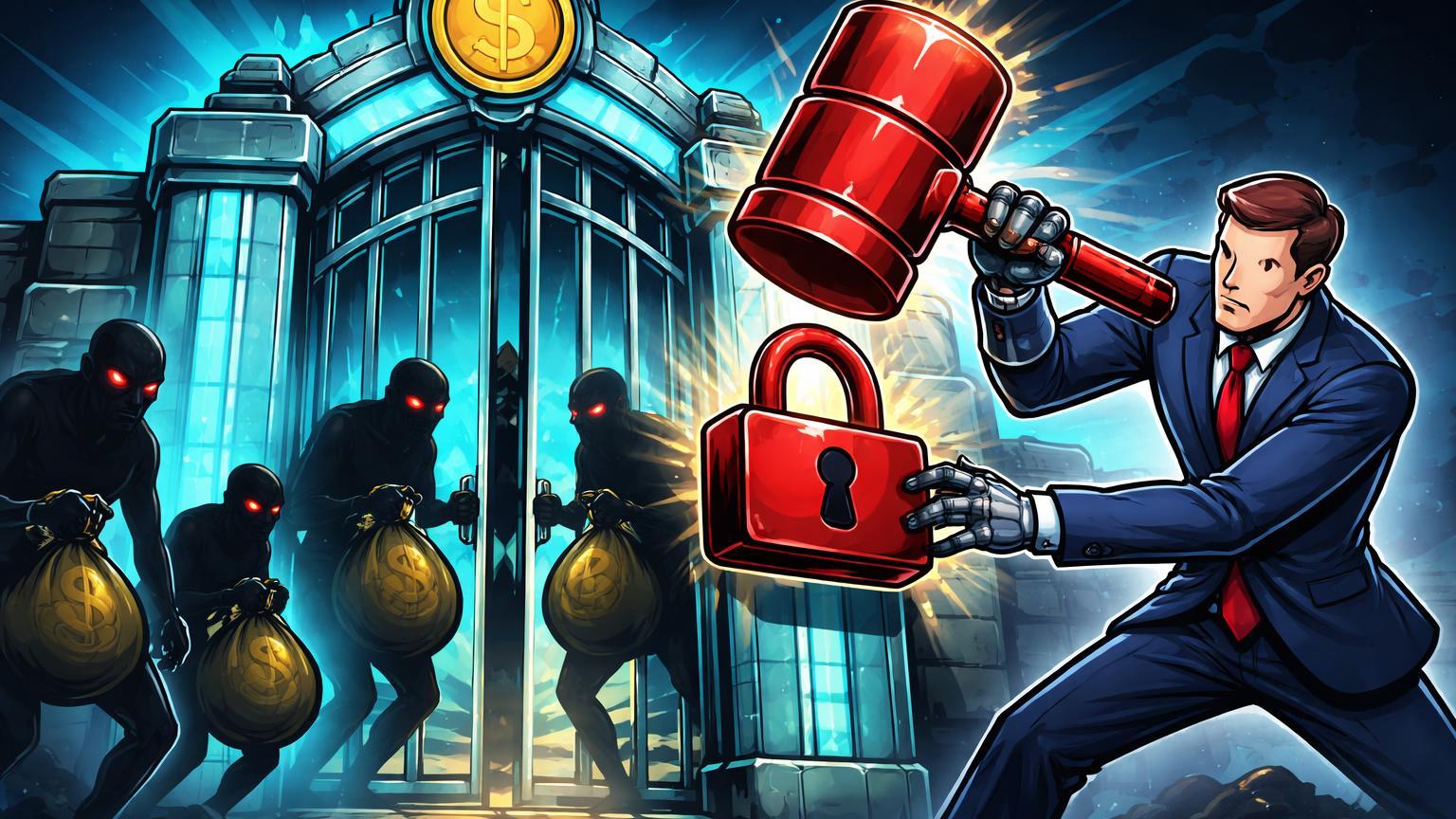 Regulador cartoon martelando cadeado em portão de exchange enquanto sombras ilícitas tentam infiltrar, simbolizando sanções a Rusia e Irã