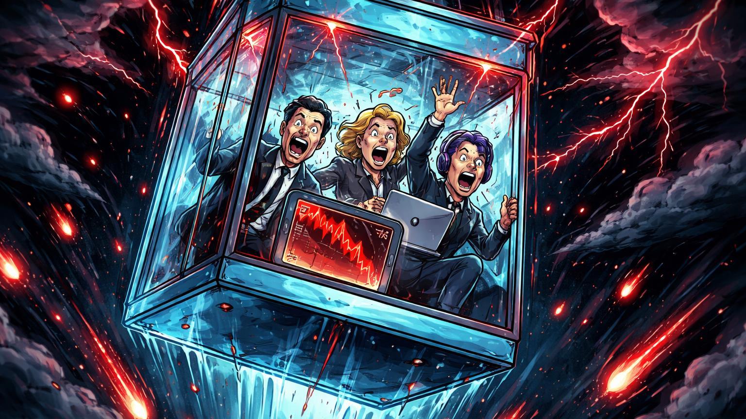 Elevador digital em queda livre com traders cartoon em pânico segurando gráfico de 77K vermelho, chuva de liquidações e nuvens de FUD político