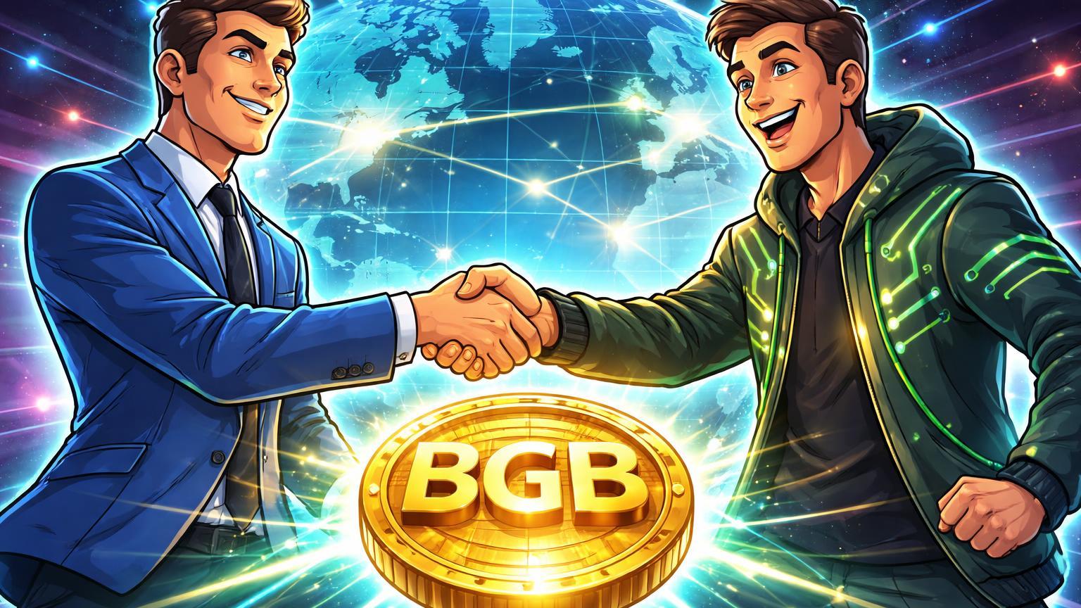 Personagens cartoon de exchange e fundação apertando mãos sobre token BGB com globo digital expandindo, simbolizando listagem na Kraken e adoção institucional
