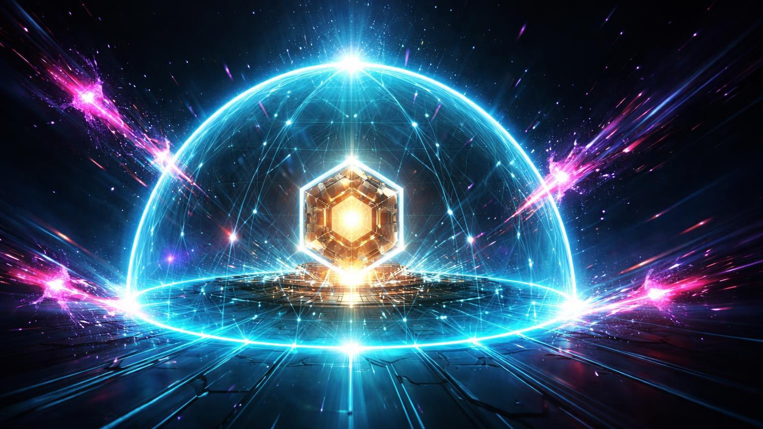 Cúpula cyan neon protegendo núcleo cristalino dourado contra partículas quânticas roxas, simbolizando defesas pós-quânticas de Ethereum e Coinbase