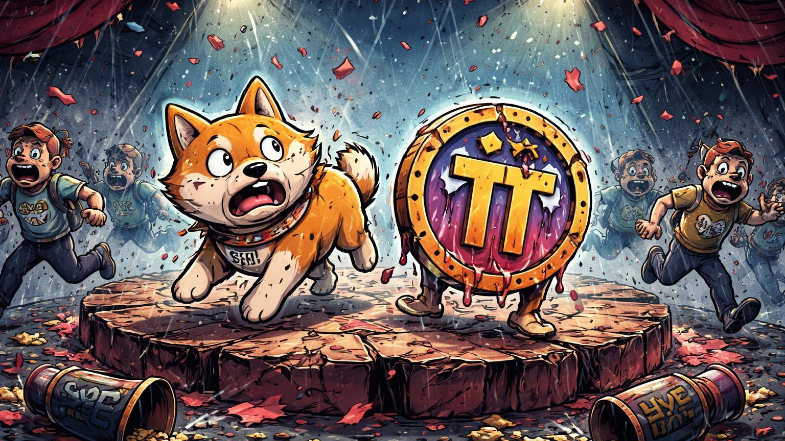 Personagens cartoon de holders fugindo de palco de circo com memes SHIB e Pi colapsando sob chuva, ilustrando riscos de shitcoins