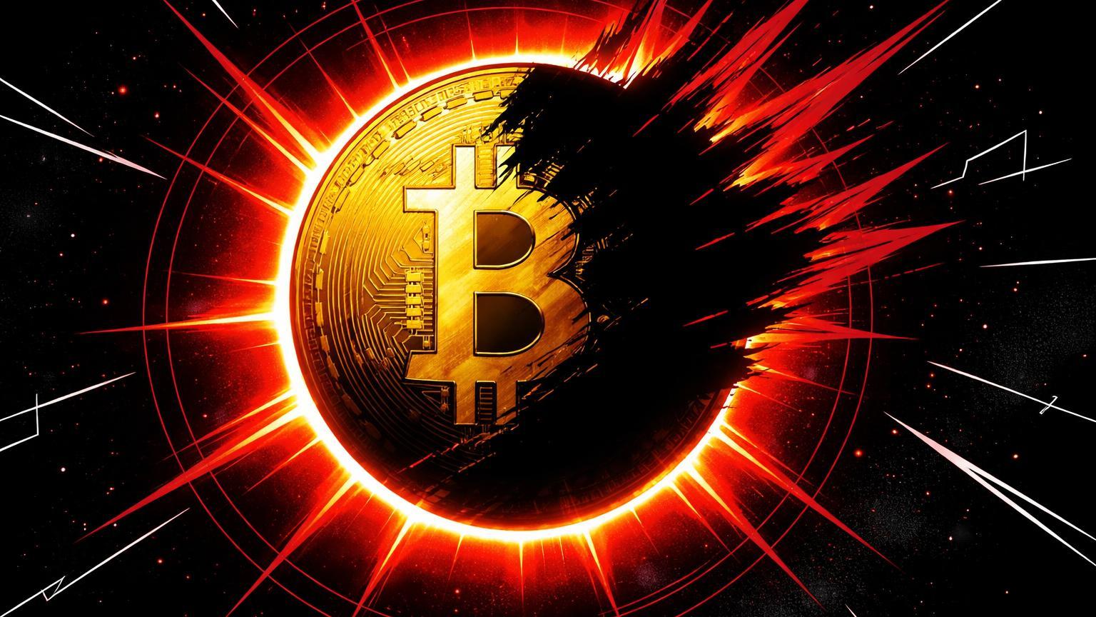Sol dourado eclipsado por sombra negra com raios vermelhos bold e orbitas concêntricas, simbolizando 4 meses de queda consecutiva do Bitcoin