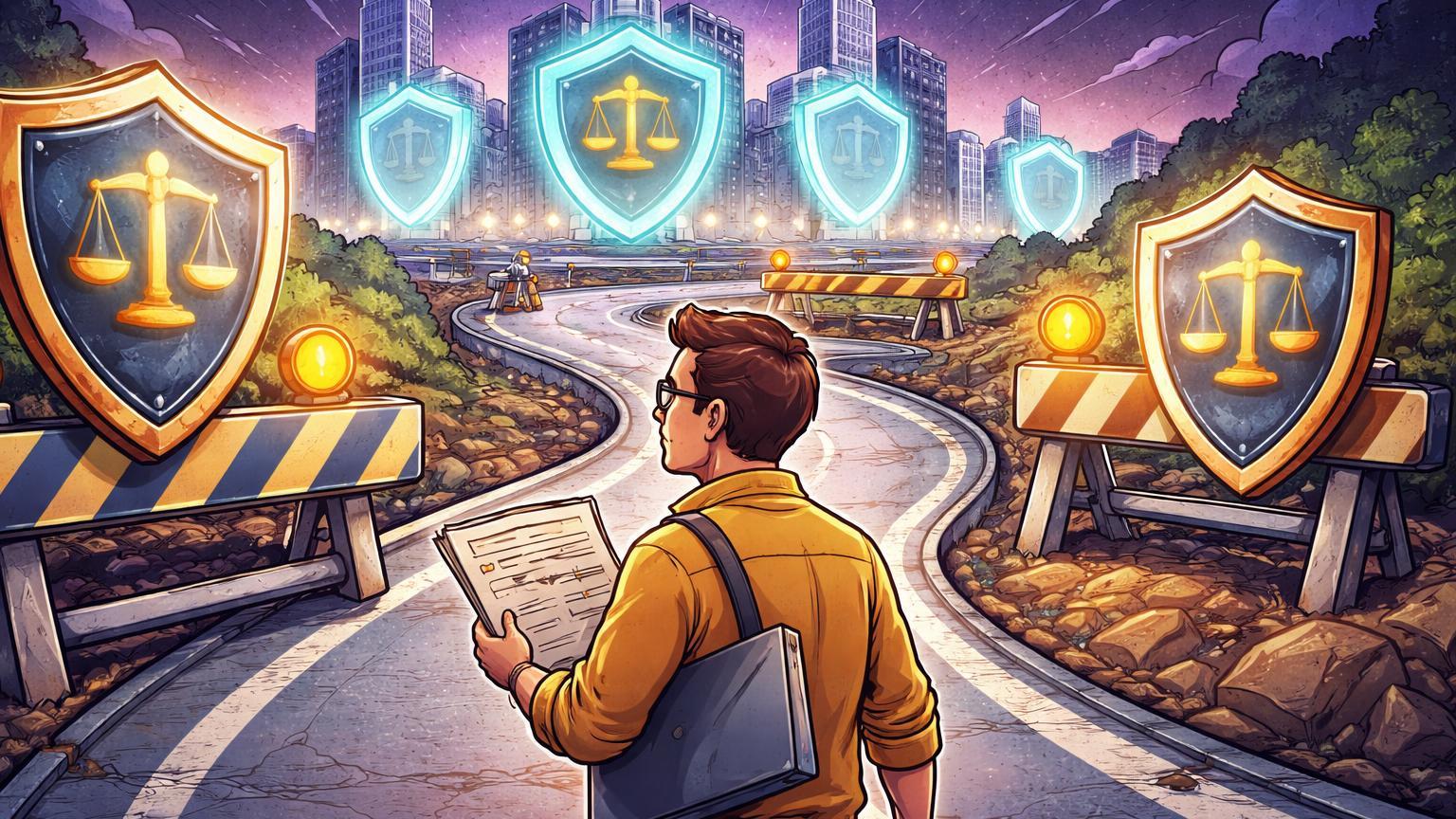 Investidor cartoon caminhando por estrada com novas placas regulatórias do Banco Central e escudos em exchanges, ilustrando regras para criptos no Brasil