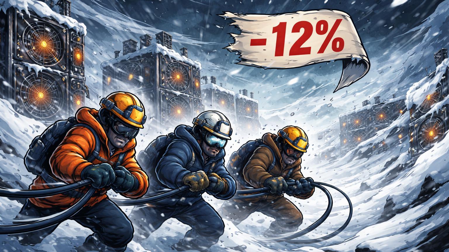 Mineradores cartoon lutando contra nevasca furiosa ao redor de rigs de Bitcoin, com '-12%' soprado pelo vento, ilustrando queda no hashrate por tempestades nos EUA