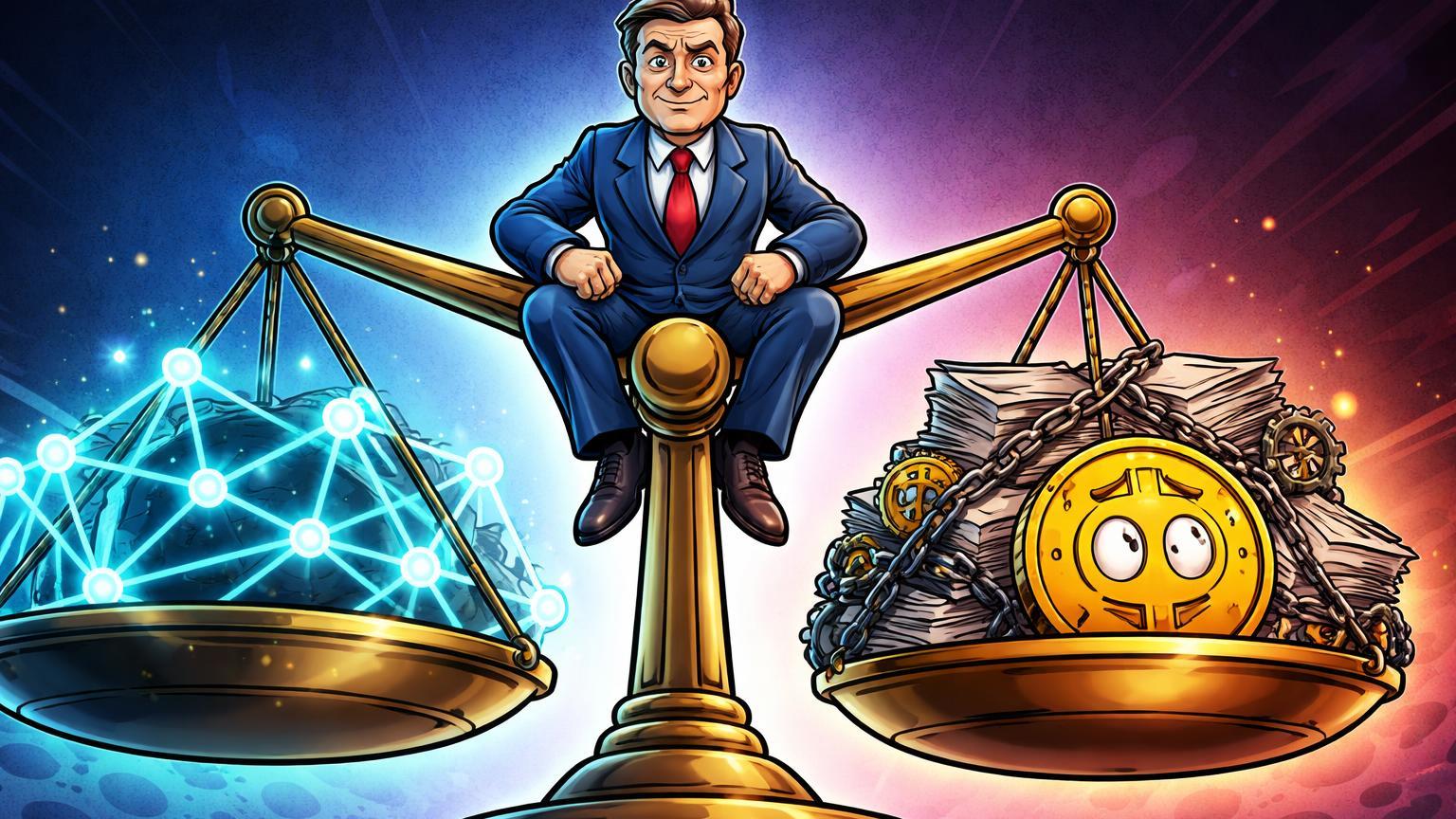 Regulador Fed cartoon em balança desequilibrada com blockchain florescendo e Bitcoin pressionado, ilustrando paradoxo de Warsh
