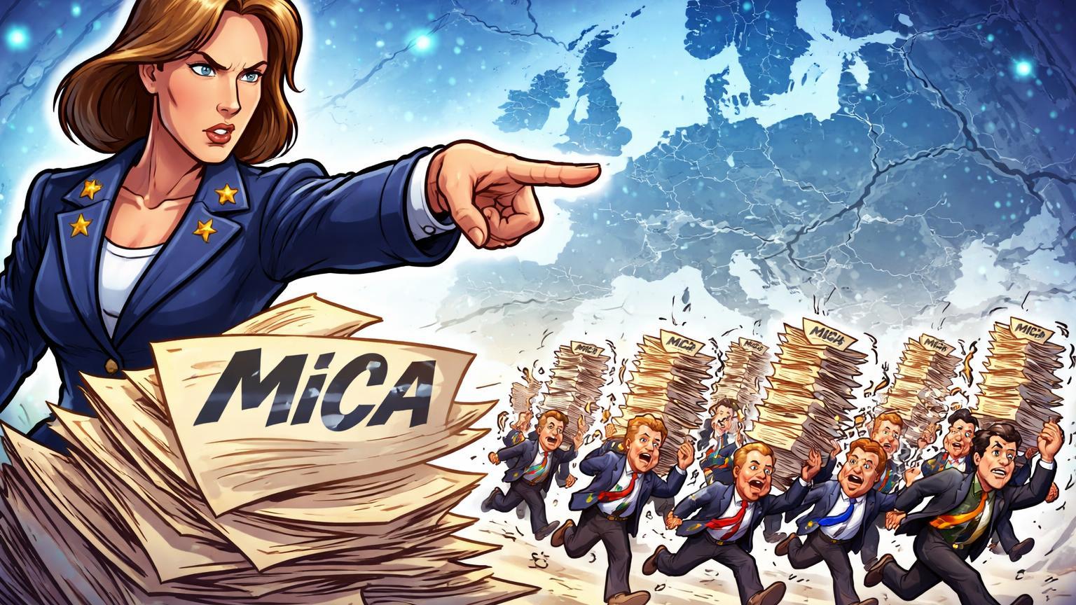 Figura da Comissão Europeia cartoon pressionando 13 representantes nacionais com documentos MiCA, ilustrando atrasos na implementação regulatória cripto na UE