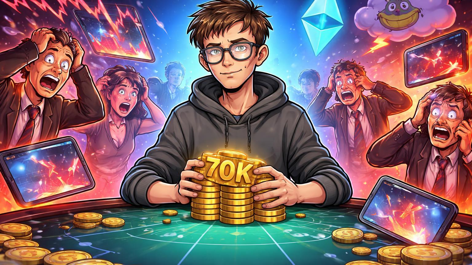 Vitalik cartoon calmo lucrando com chips 70K em mesa de apostas caótica, contrastando racionalidade contra irracionalidade do mercado cripto