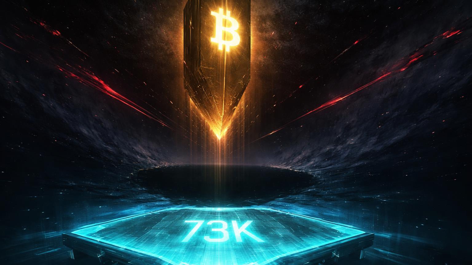 Monolito dourado Bitcoin descendo em vácuo negro de liquidez rumo à plataforma de suporte 73K, ilustrando teste crítico de preço e liquidações