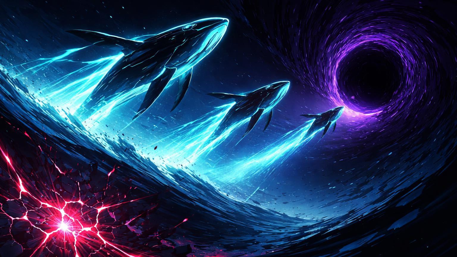 Silhuetas de baleias cibernéticas transportando ETH cyan para portal negro em oceano turbulento, enquanto rede Solana vermelha racha abaixo