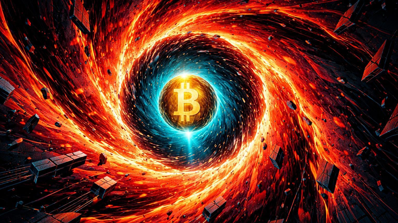 Vórtice vermelho sugando fragmentos digitais frágeis em abismo negro, com núcleo Bitcoin dourado intacto no centro, ilustrando liquidações de US$ 2,5 bi